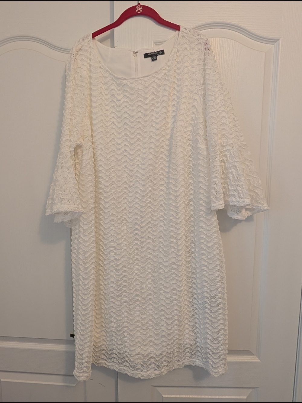White Textured Shift Dress with Bell Sleeves